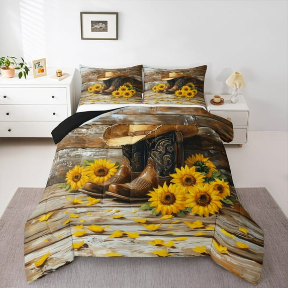 Castle Fairy Western Boots 2pcs Bedding Comforter Set,Floral Sunflower Twin Comforter Sets,Lodge Cabin Breathable Bedding Set,Microfiber Boys Bedroom Decor,Reversible
