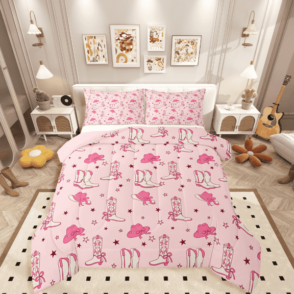 Castle Fairy Western Boots 2pcs Bedding Comforter Set for Girls,Cowgirl Hats Twin Comforter Sets,Starry Sky Breathable Bedding Set,Breathable Home Decor