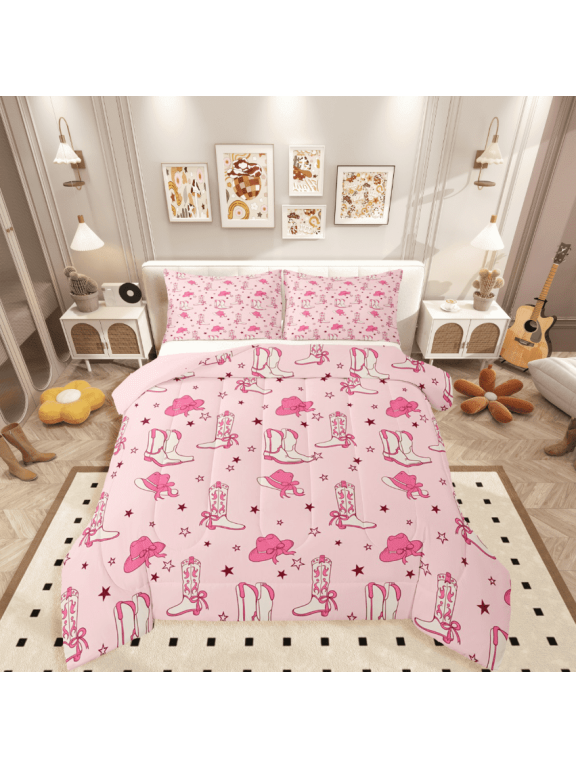 Western Boots 2pcs Bedding Comforter Set for Girls,Cowgirl Hats Twin Comforter Sets,Starry Sky Breathable Bedding Set,Breathable Home Decor