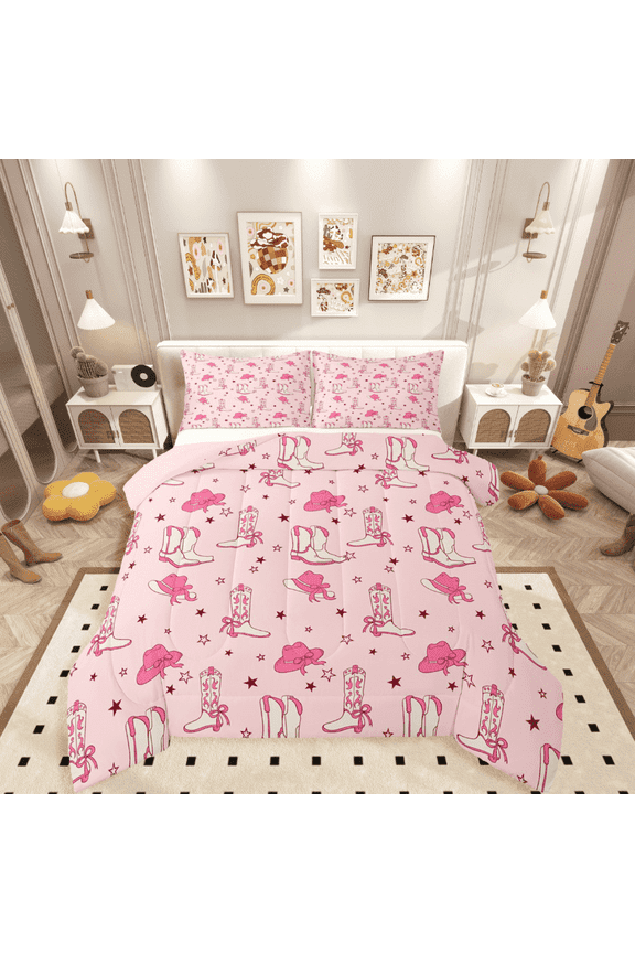Western Boots 2pcs Bedding Comforter Set for Girls,Cowgirl Hats Twin Comforter Sets,Starry Sky Breathable Bedding Set,Breathable Home Decor