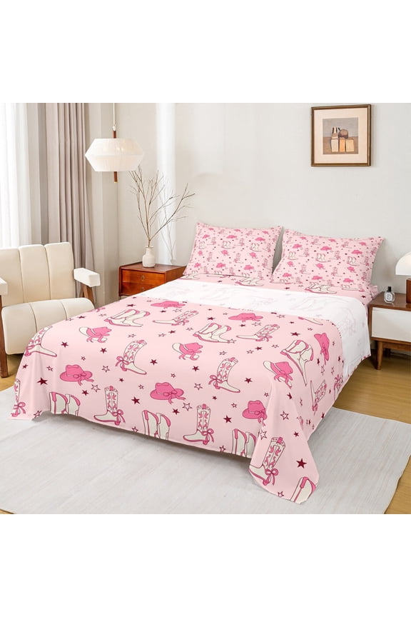 Western Boots 4-Piece Full Size Sheets for Girls,Cowgirl Hats Bed Sheets,Starry Sky Lightweight Sheet Sets,Breathable Home Decor