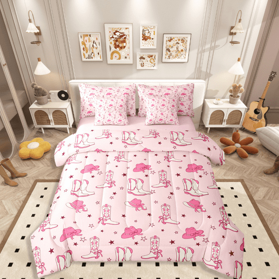 Castle Fairy Western Boots 7-Piece Twin Bedding Sets for Girls,Cowgirl Hats Bedding Comforter Set,Starry Sky Breathable Sheet Sets,Breathable Home Decor