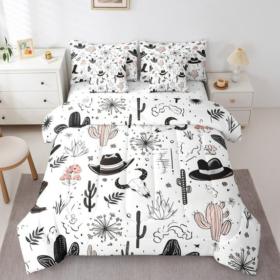 Castle Fairy Western Bull Skull Bedding Comforter Set 7 Pieces for Boys Girls,Cowboy Cowgirl Hats Boots Full Bedding Set Lightweight,Southwestern Cactus Mushroom Fitted Sheet Flat Sheet