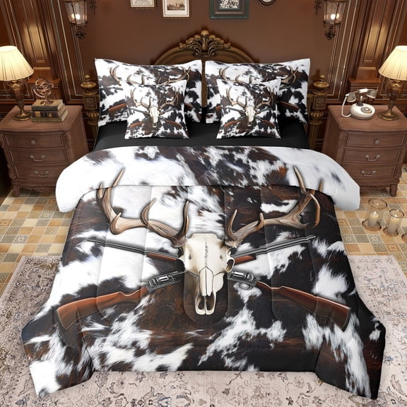 Castle Fairy Western Bull Skull Bedding Comforter Set 7pcs for Boys Girls,Farmhouse Cow Print Queen Bedding Sets Super Cozy,Wildlife Animal Hunting Queen Sheet Sets,Super Cozy Room Decor,Reversible
