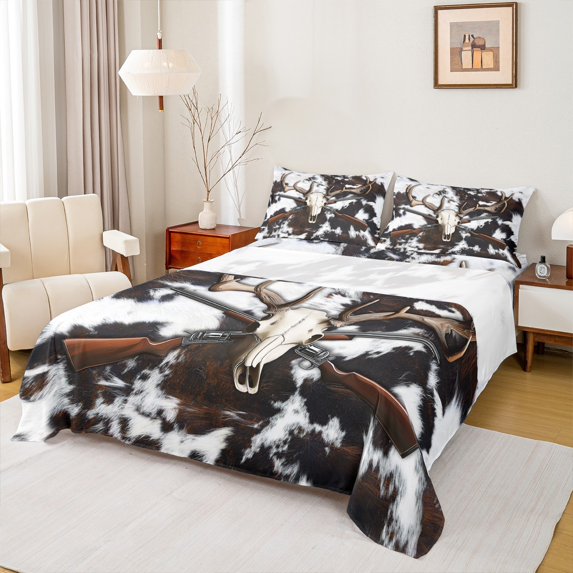 Castle Fairy Western Bull Skull Twin Sheet Sets 3pcs for Boys Girls,Farmhouse Cow Print Twin Fitted Sheet Microfiber,Wildlife Animal Hunting Breathable Flat Sheet,Super Cozy Room Decor