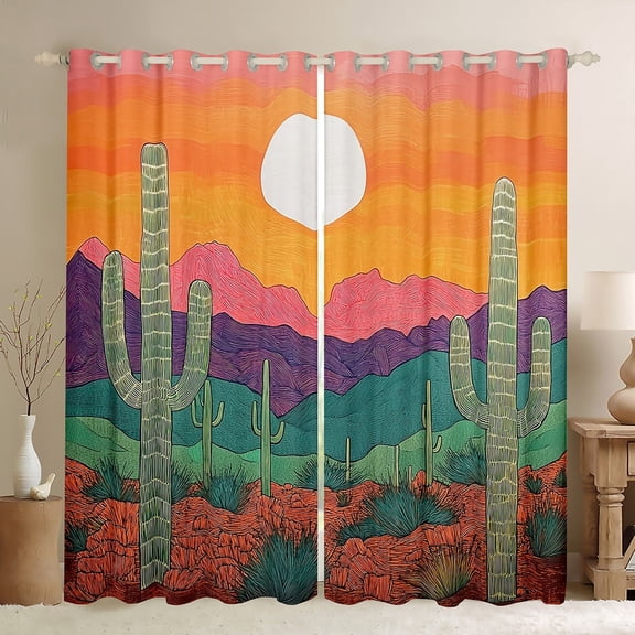 Castle Fairy Western Cactus Blackout Curtains Set of 2 (52x84 Each),Desert Sunset Window Curtains,Exotic Style Curtains and Drapes,Luxury Teenagers Bedroom Decor