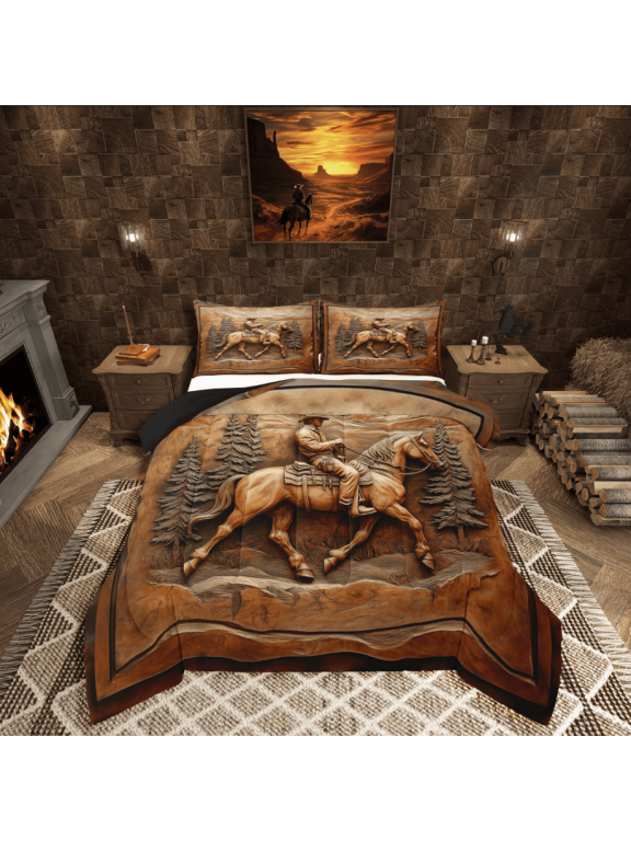 Western Cowboy 3-Piece Full Size Comforter Sets,Animal Horse Bedding Comforter Set,Lodge Cabin Lightweight Bedding Sets,Luxury Boys Bedroom Decor,Reversible