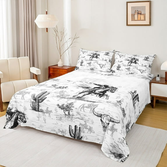 Castle Fairy Western Cowboy 4-Piece Full Size Sheets,Bull Skull Bed Sheets,Botanical Cactus Lightweight Sheet Sets,Super Cozy Abstract Room Decor