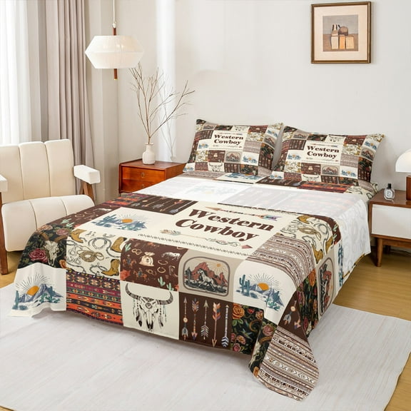 Castle Fairy Western Cowboy 4-Piece Full Size Sheets,Geometric Plaid Bed Sheets,Tribal Aztec Lightweight Sheet Sets,Super Cozy Floral Room Decor