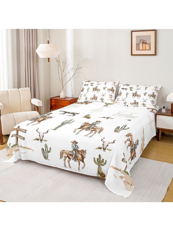 Western Cowboy 4 Pieces Queen Sheet Sets for Boys Girls,Exotic Style Cactus Bull Skull Ultra Soft Flat Sheet,Retro Vintage Aesthetic Queen Fitted Sheet,Luxury Bedroom Decor