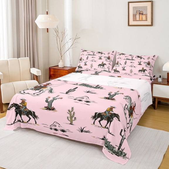 Castle Fairy Western Cowboy 4pcs Bed Sheets for Boys Girls,Exotic Style King Sheets,Vintage Aesthetic Super Cozy Sheet Set,Luxury Bedroom Decor