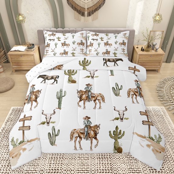 Castle Fairy Western Cowboy Bedding Comforter Set 2pcs for Boys Girls,Exotic Style Cactus Bull Skull Twin Comforter Sets Microfiber,Retro Vintage Aesthetic Breathable Bedding Set