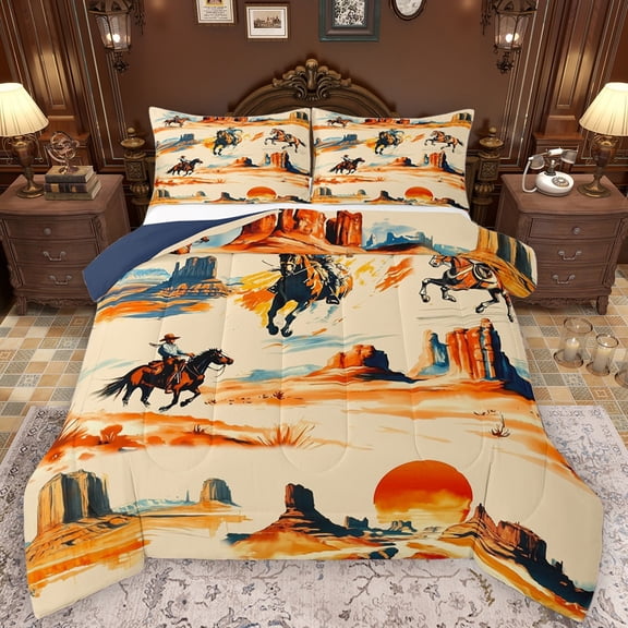 Castle Fairy Western Cowboy Bedding Comforter Set 2pcs for Female Men,Blue Orange Twin Comforter Sets Microfiber,Exotic Style Breathable Bedding Set,Ultra Soft Home Decor,Reversible