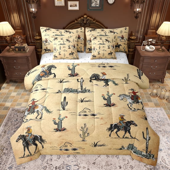 Castle Fairy Western Cowboy Bedding Comforter Set 7-Piece for Adults Female Men,Vintage Aesthetic King Bedding Sets,Retro Botanical Cactus Ultra Soft Bed Sheets,Super Cozy Room Decor,Reversible