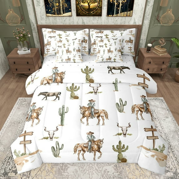 Castle Fairy Western Cowboy Bedding Comforter Set 7pcs for Boys Girls,Exotic Style Cactus Bull Skull Queen Bedding Sets Super Cozy,Retro Vintage Aesthetic Queen Sheet Sets,Luxury Bedroom Decor