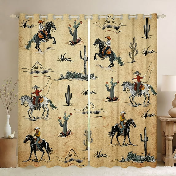Castle Fairy Western Cowboy Black Out Curtains for Adults Female Men,Vintage Aesthetic Curtains Pack of 2 (42x63 Each),Retro Botanical Cactus Bedroom Curtains,Super Cozy Room Decor