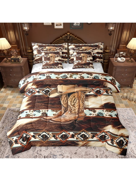 Western Cowboy Boots Hat Bedding Comforter Set 7pcs for Female Men Women,Bohemian Tribal Aztec Queen Bedding Sets Super Cozy,Farmhouse Animal Cow Print Queen Sheet Sets