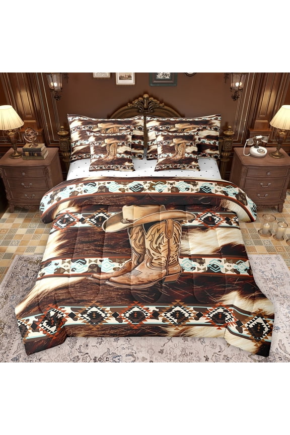 Western Cowboy Boots Hat Bedding Comforter Set 7pcs for Female Men Women,Bohemian Tribal Aztec Queen Bedding Sets Super Cozy,Farmhouse Animal Cow Print Queen Sheet Sets