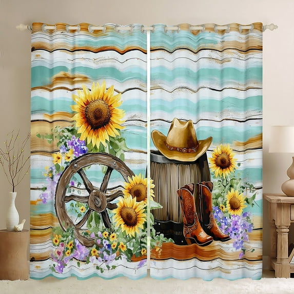 Castle Fairy Western Cowboy Cowgirl Blackout Curtains Set of 2 (52x84 Each) for Children Teens Adults,Chic Floral Sunflowers Window Curtains,Vintage Lodge Cabin Curtains and Drapes