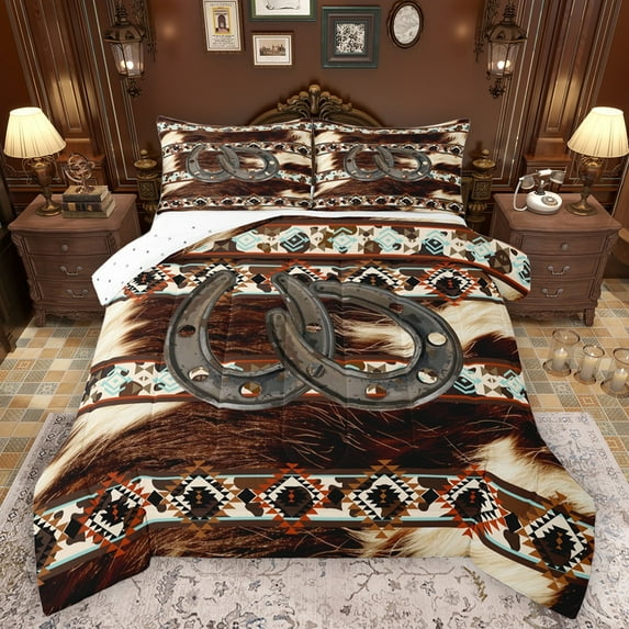 Castle Fairy Western Cowboy Horseshoe Bedding Comforter Set 2pcs for Teens Boys Girls,Animal Cow Print Twin Comforter Sets Microfiber,Bohemian Western Aztec Breathable Bedding Set