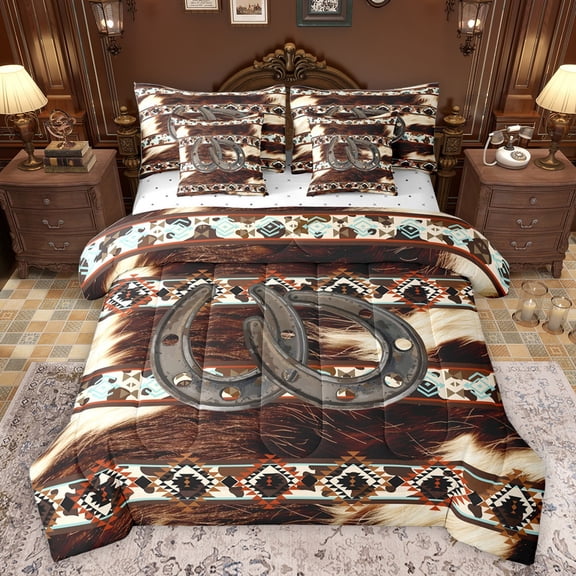 Castle Fairy Western Cowboy Horseshoe Bedding Comforter Set 7-Piece for Teens Boys Girls,Animal Cow Print King Bedding Sets,Bohemian Western Aztec Ultra Soft Bed Sheets,Microfiber Bedroom Decor