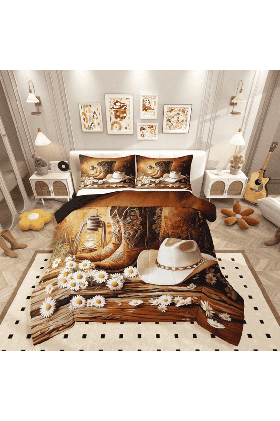 Western Cowgirl 2pcs Bedding Comforter Set,Boots Hat Twin Comforter Sets,Floral Daisy Breathable Bedding Set,Super Cozy Rustic Room Decor,Reversible