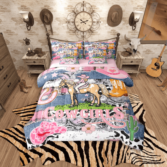 Castle Fairy Western Cowgirl 7-Piece Twin Bedding Sets,Animal Print Bedding Comforter Set,Southwestern Horseshoe Breathable Sheet Sets,Luxury Girls Bedroom Decor,Reversible