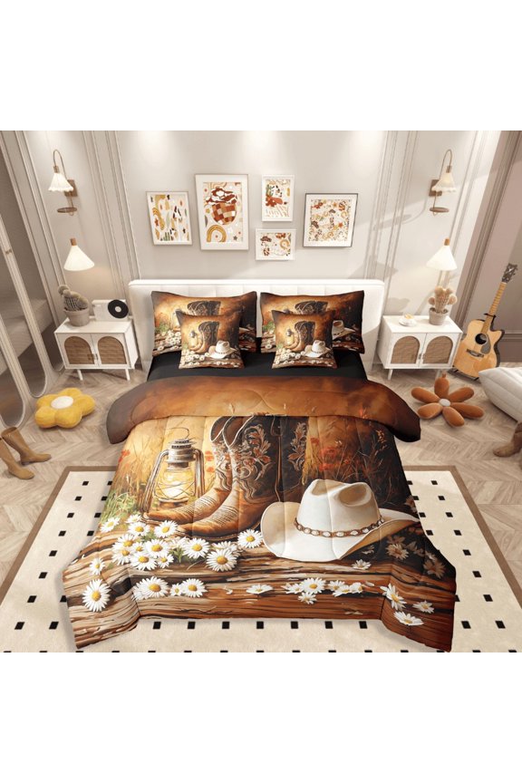 Western Cowgirl 7-Piece Twin Bedding Sets,Boots Hat Bedding Comforter Set,Floral Daisy Breathable Sheet Sets,Super Cozy Rustic Room Decor,Reversible
