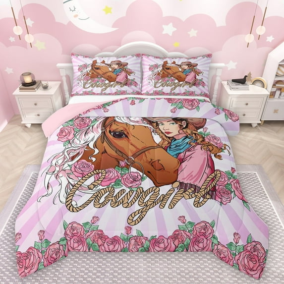 Castle Fairy Western Cowgirl Bedding Comforter Set 2pcs for Girls,Chic Floral Rose Horse Twin Comforter Sets Microfiber,Dreamy Princess Breathable Bedding Set,Super Cozy Room Decor,Reversible