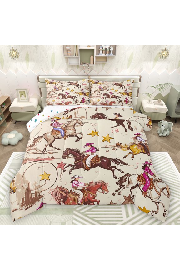2-Piece Twin Size Comforter Set - Western Cowgirl Style Print