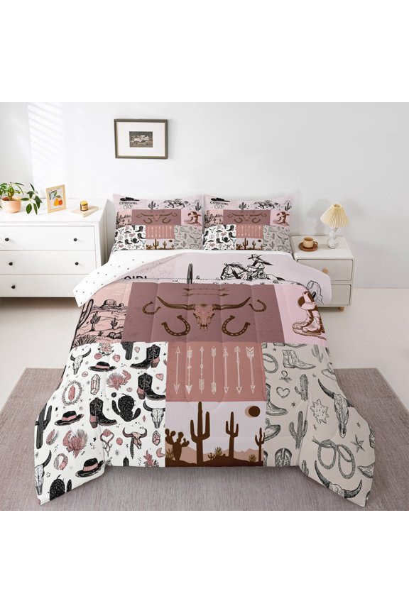 Queen Size 3-Piece Western Cowgirl Boots & Hats Comforter Set