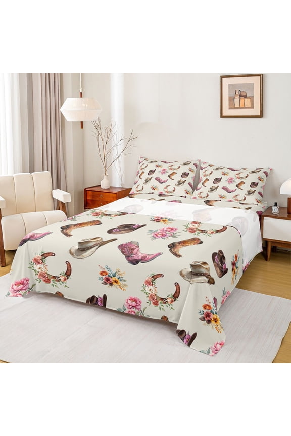 Western Cowgirl Boots Hats 4 Pieces Queen Sheet Sets for Teens,Southwestern Vintage Horseshoe Ultra Soft Flat Sheet,Chic Floral Flowers Queen Fitted Sheet,Microfiber Bedroom Decor