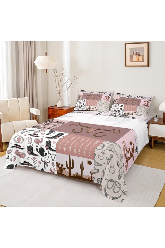 Western Cowgirl Boots Hats 4 Pieces Queen Sheet Sets for Teens,Vintage Bull Skull Ultra Soft Flat Sheet,Southwestern Theme Queen Fitted Sheet,Microfiber Bedroom Decor