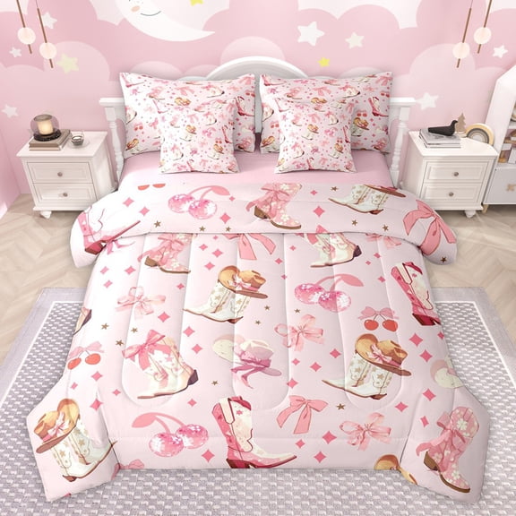 Castle Fairy Western Cowgirl Boots Hats Bedding Comforter Set 7-Piece for Female Girls,Old Fashion Disco Ball King Bedding Sets,Kawaii Pink Bow Cherry Ultra Soft Bed Sheets,Breathable Home Decor