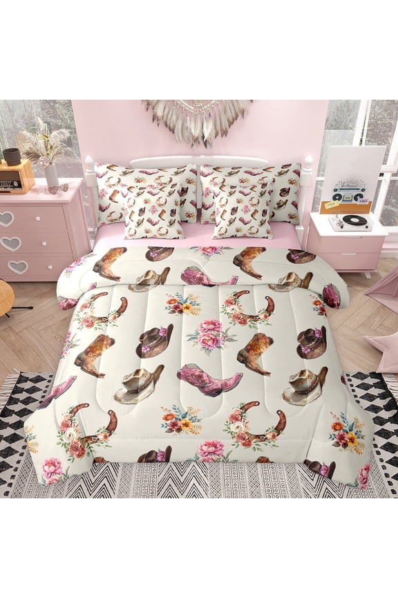 Western Cowgirl Boots Hats Bedding Comforter Set 7-Piece for Teens,Southwestern Vintage Horseshoe King Bedding Sets,Chic Floral Flowers Ultra Soft Bed Sheets,Microfiber Bedroom Decor