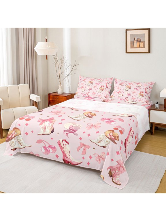 Western Cowgirl Boots Hats Twin Sheet Sets 3pcs for Female Girls,Old Fashion Disco Ball Twin Fitted Sheet Microfiber,Kawaii Pink Bow Cherry Breathable Flat Sheet,Breathable Home Decor