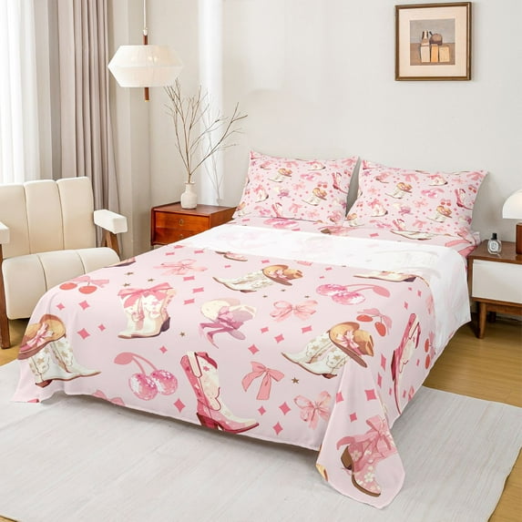Castle Fairy Western Cowgirl Boots Hats Twin Sheet Sets 3pcs for Female Girls,Old Fashion Disco Ball Twin Fitted Sheet Microfiber,Kawaii Pink Bow Cherry Breathable Flat Sheet,Breathable Home Decor