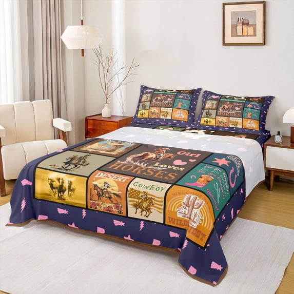 Castle Fairy Western Cowgirl Cowboy 4 Pieces Queen Sheet Sets for Adults Boys Girls,Geometric Plaid Grid Ultra Soft Flat Sheet,Exotic Style Vintage Aesthetic Queen Fitted Sheet,Breathable Home Decor