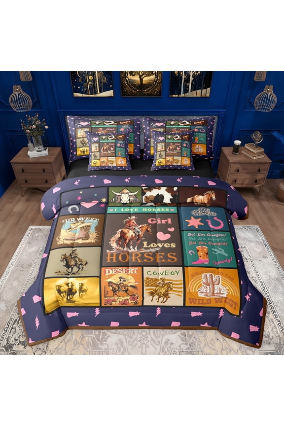 Western Cowgirl Cowboy Twin Bedding Sets 7-Piece for Adults Boys Girls,Geometric Plaid Grid Bedding Comforter Set Microfiber,Exotic Style Vintage Aesthetic Breathable Sheet Sets