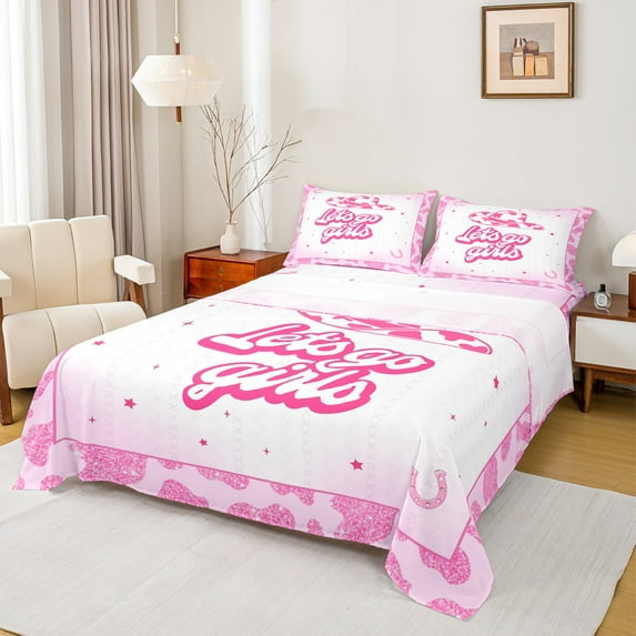Castle Fairy Western Cowgirl Twin Sheet Sets 3pcs for Female Girls,Cow Print Twin Fitted Sheet Microfiber,Bling Glitter Breathable Flat Sheet,Microfiber Bedroom Decor
