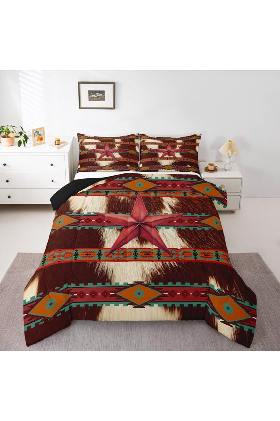Western Farmhouse Cow Print Twin Comforter Sets,Bohemian Aztec Bedding Set