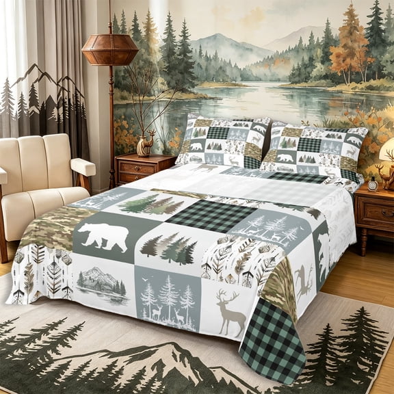 Castle Fairy Western Feather Wildlife Bear Deer Bed Sheets 4-Piece,Vintage Plaid Camo Animal Full Size Sheets,Sage Gray Cream,1 Fitted Sheet, 1 Flat Sheet and 2 Pillowcases