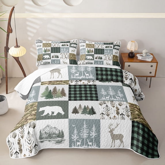 Castle Fairy Western Feather Wildlife Bear Deer Bed Spread Queen,Vintage Plaid Camo Animal Queen Coverlet Set,Sage Gray Cream
