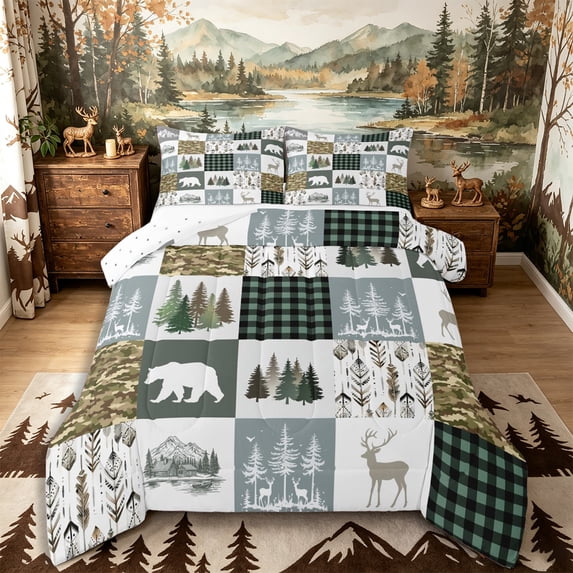 Castle Fairy Western Feather Wildlife Bear Deer Full Size Comforter Sets 3-Piece,Vintage Plaid Camo Animal Bedding Comforter Set,Sage Gray Cream,Reversible,1 Comforter and 2 Pillowcases