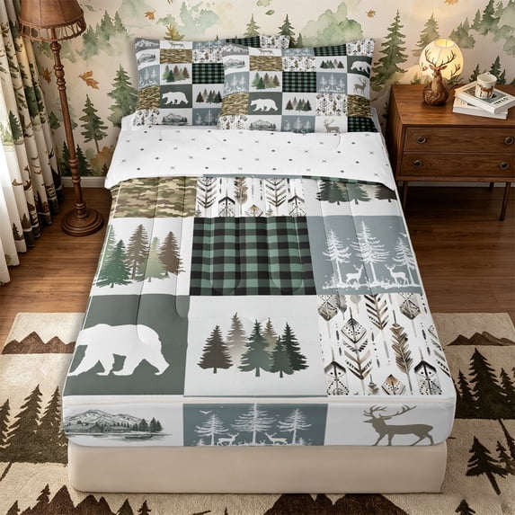 Castle Fairy Western Feather Wildlife Bear Deer Zipper Full Size Comforter Sets with Fitted Sheet and 2 Pillowcases,Vintage Plaid Camo Animal Zipper Bedding Set,Sage Gray Cream,Reversible,4pcs