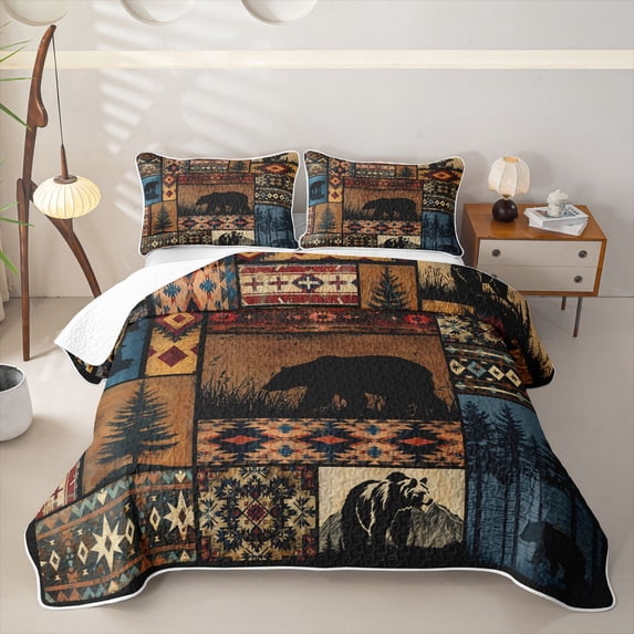 Castle Fairy Western Patchwork Bear Quilt King for Teens,Tribal Boho Aztec King Coverlet Set,Red Brown Black