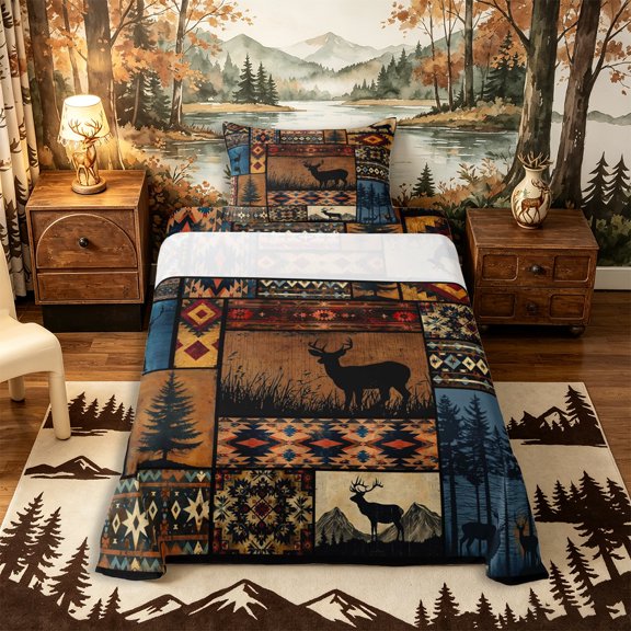 Castle Fairy Western Patchwork Deer Twin Sheets 3pcs for Teens,Vintage Tribal Aztec Bedding,Red Brown Blue,1 Fitted Sheet, 1 Flat Sheet and 1 Pillowcase