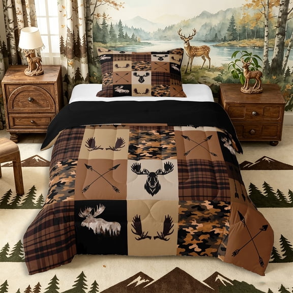 Castle Fairy Western Patchwork Moose Twin Comforter Sets 2pcs,Camo Plaid Tribal Arrow Bedding Set,Brown Black Beige,Black Reversible,1 Comforter and 1 Pillowcase