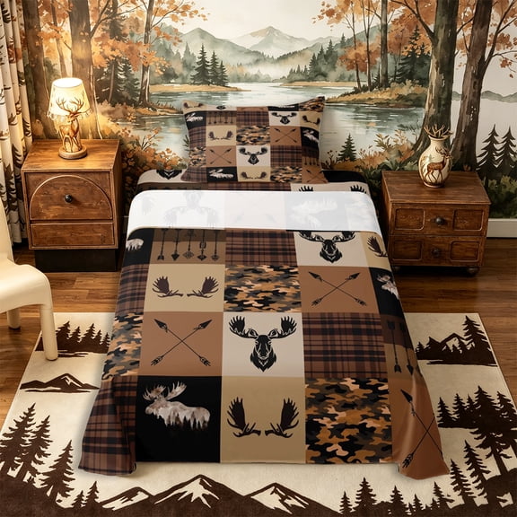 Castle Fairy Western Patchwork Moose Twin Sheets 3pcs,Camo Plaid Tribal Arrow Bedding,Brown Black Beige,1 Fitted Sheet, 1 Flat Sheet and 1 Pillowcase