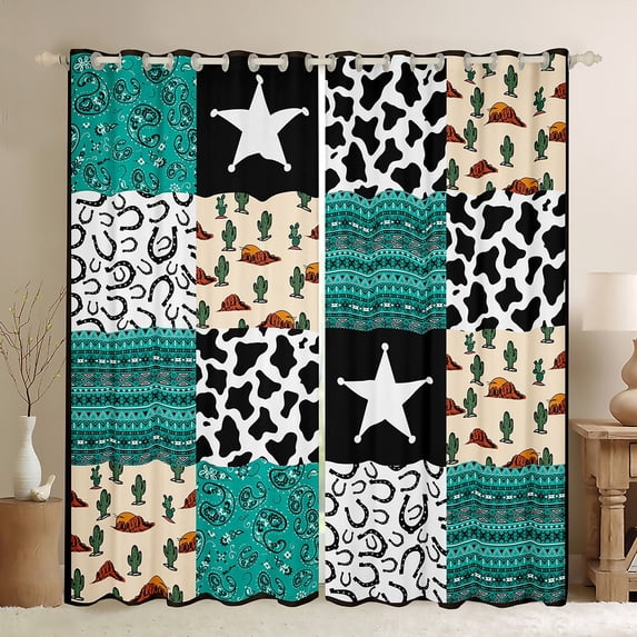 Castle Fairy Western Texas Star Blackout Curtains Set of 2 (52x84 Each) for Teens,Cowboy Horseshoe Cactus Window Curtains,Geometric Plaid Curtains and Drapes,Cow Print Bedroom Decor